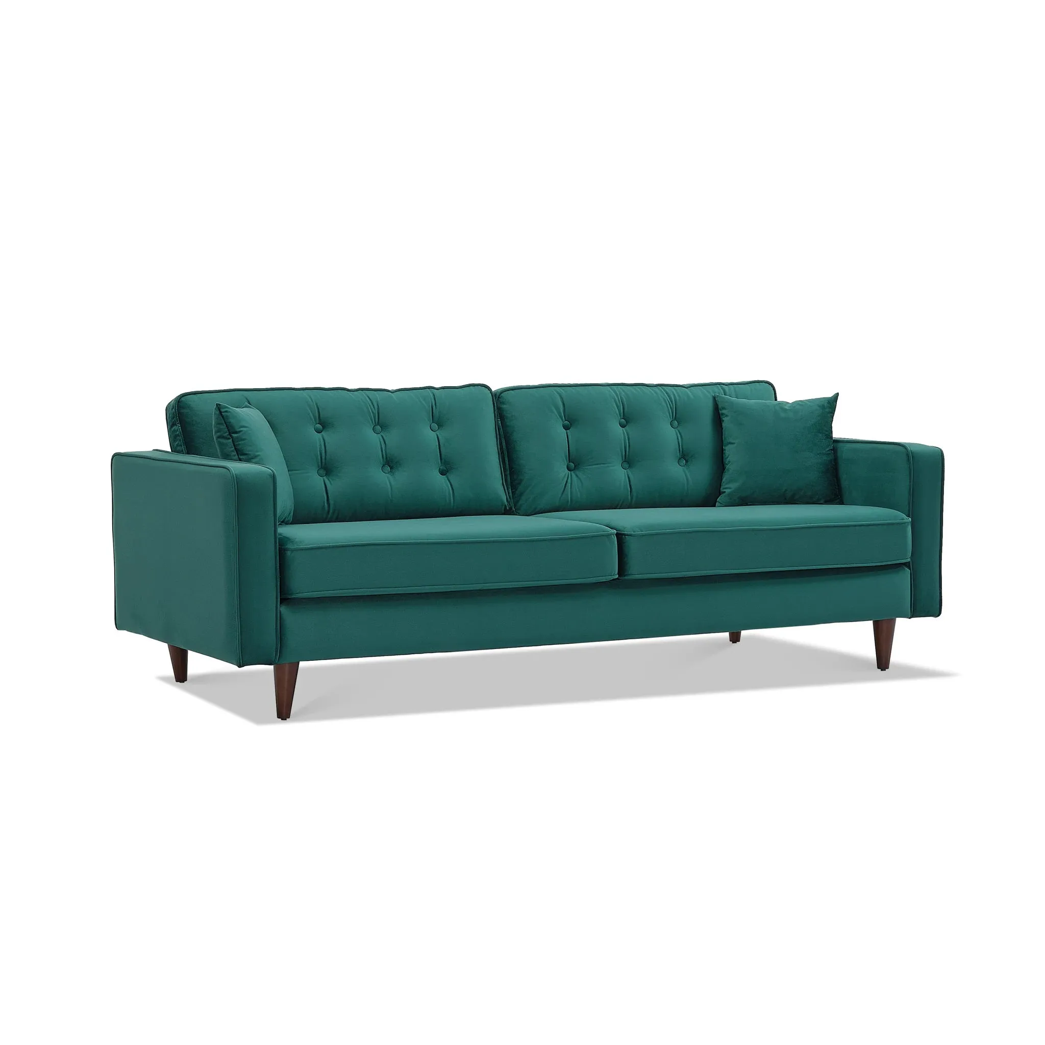 Mid-Century Modern Rectangular Pillow Back Velvet Upholstered Sofa in Emerald Green