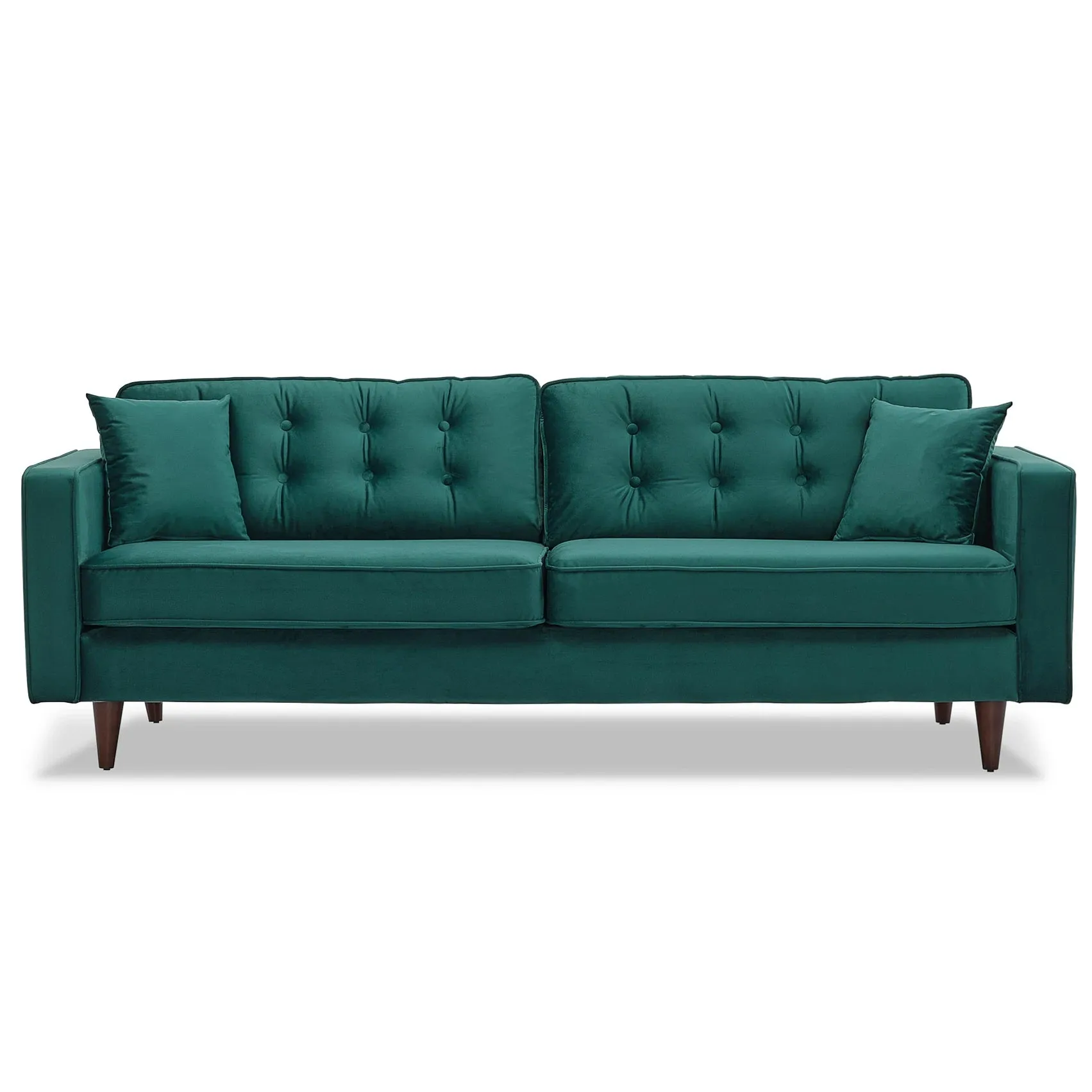 Mid-Century Modern Rectangular Pillow Back Velvet Upholstered Sofa in Emerald Green