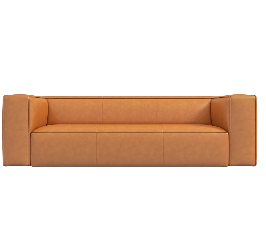 Mid-Century Modern Rectangular Tight Back Genuine Italian Leather Sofa in Tan