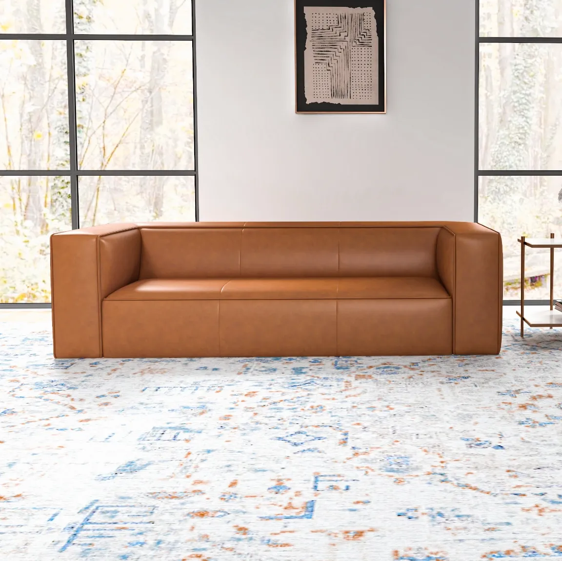 Mid-Century Modern Rectangular Tight Back Genuine Italian Leather Sofa in Tan