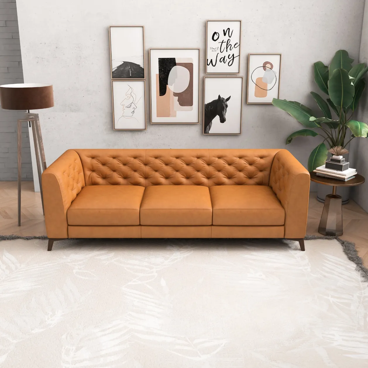 Mid-Century Modern Rectangular Tight Back Tufted Sofa Upholstered in Genuine Tan Leather