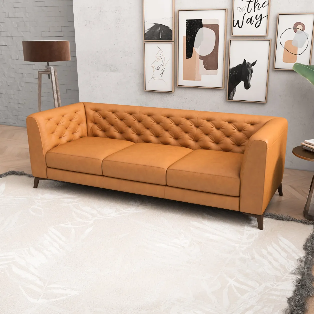 Mid-Century Modern Rectangular Tight Back Tufted Sofa Upholstered in Genuine Tan Leather
