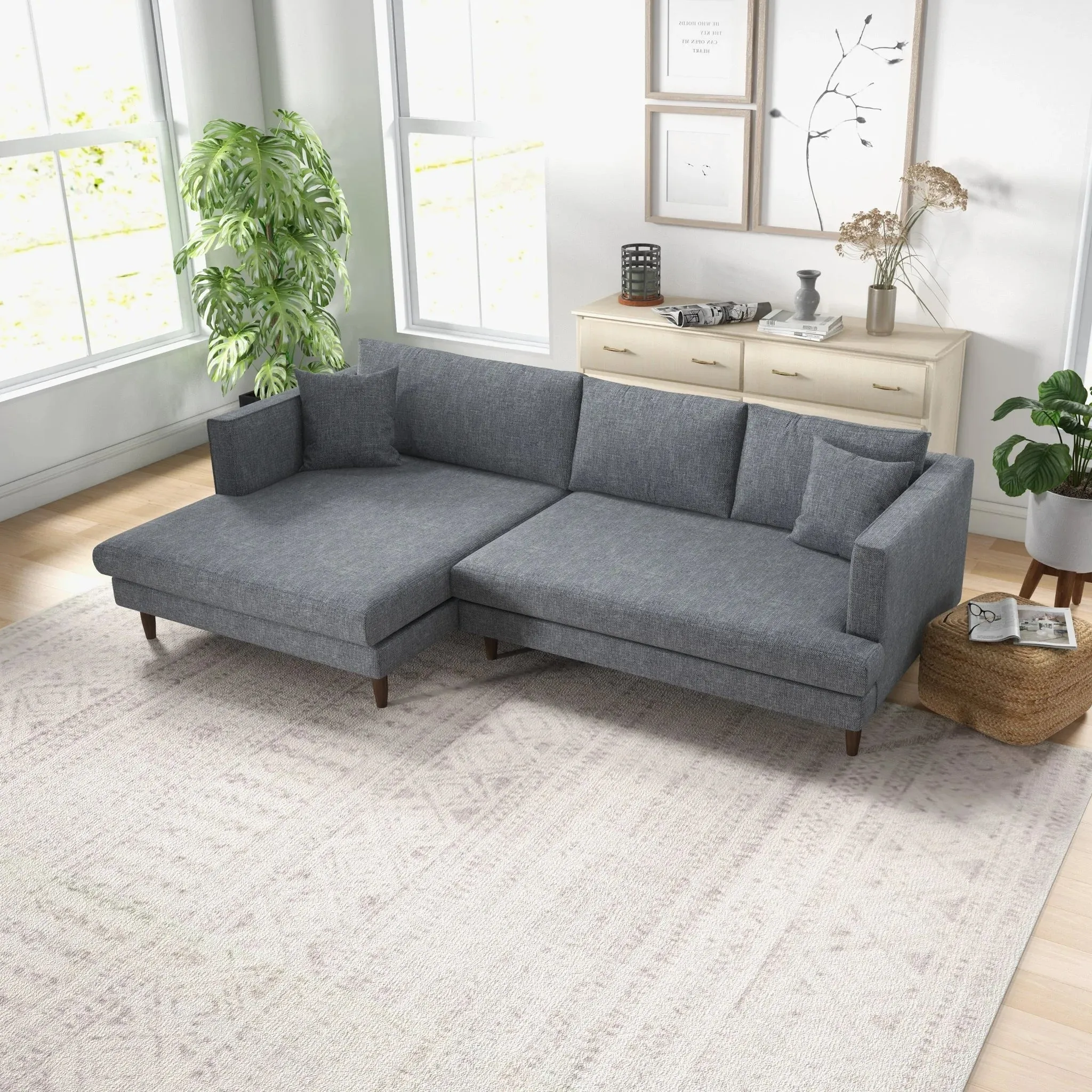 Mid-Century Modern Sectional Sofa in Grey Linen - Left or Right Chaise