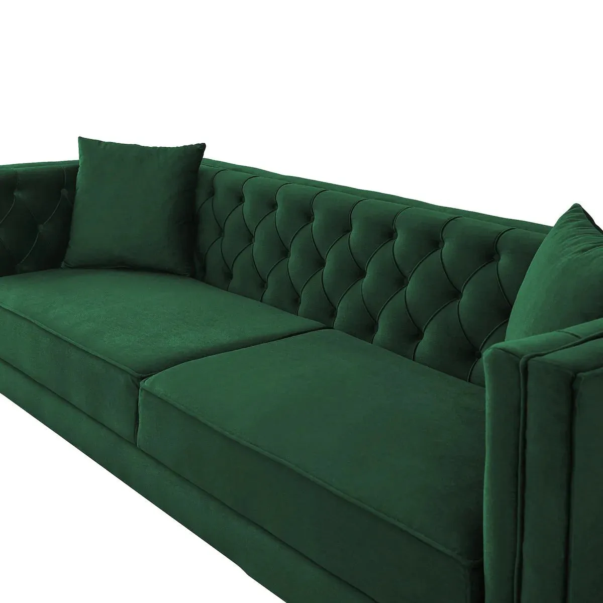 Mid-Century Modern Tufted Rectangular Tight Back Sofa in Emerald Green Velvet