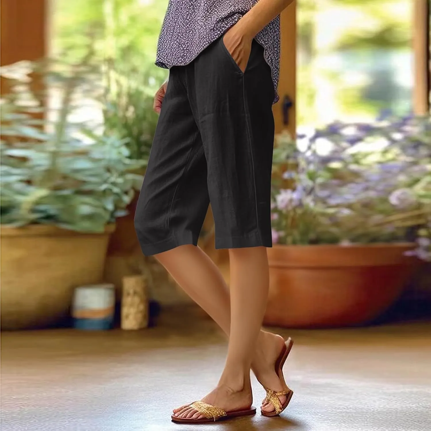Pedal Pushers for Women Elastic Wasit Linen Shorts Summer Boho Lightweight Baggy Cropped Capris Pants with Pockets