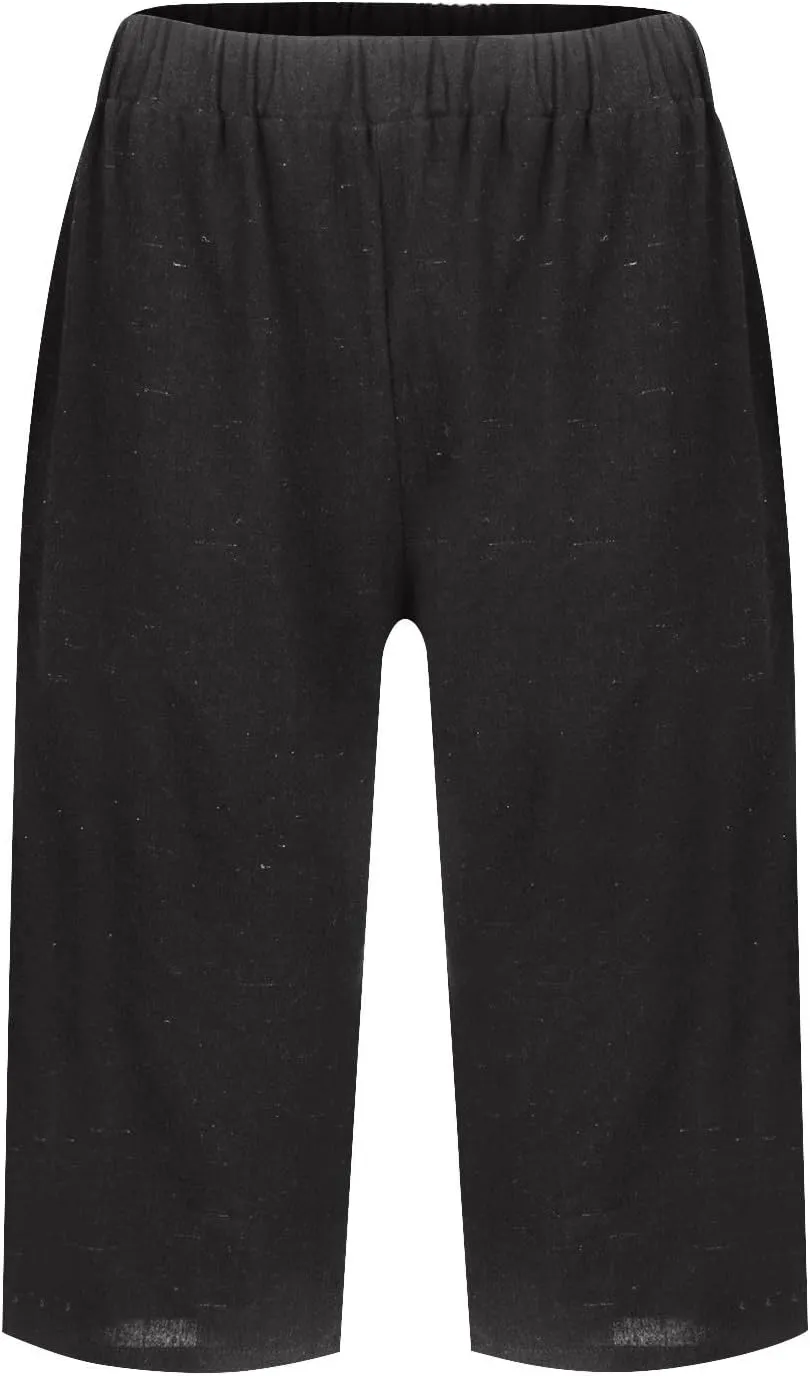 Pedal Pushers for Women Elastic Wasit Linen Shorts Summer Boho Lightweight Baggy Cropped Capris Pants with Pockets