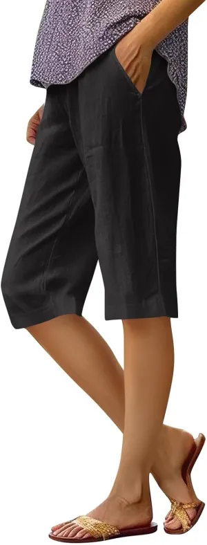 Pedal Pushers for Women Elastic Wasit Linen Shorts Summer Boho Lightweight Baggy Cropped Capris Pants with Pockets