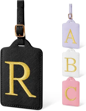 Personalized Initial Luggage Tags for Suitcases, Cute PU Leather Embroidered Letter Travel Luggage Tags, Suitcase Identifier Name Baggage Tag, Bag Tags for Men Women Kids Luggage Handbags(Black R)