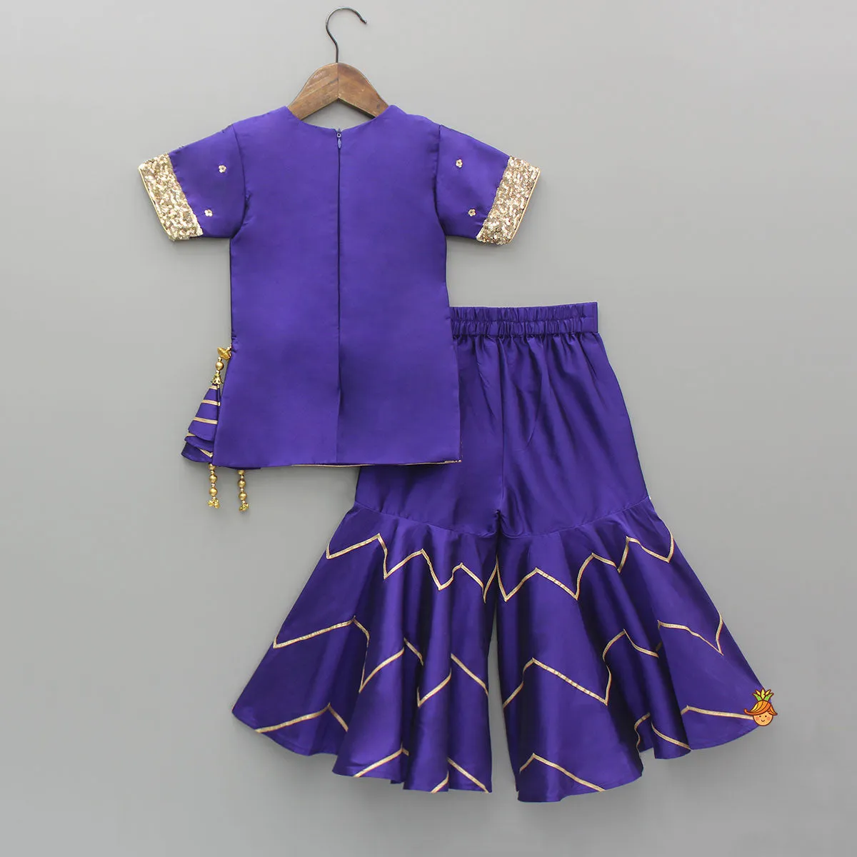 Pre Order: Embroidered Purple Kurti And Sharara With Net Dupatta