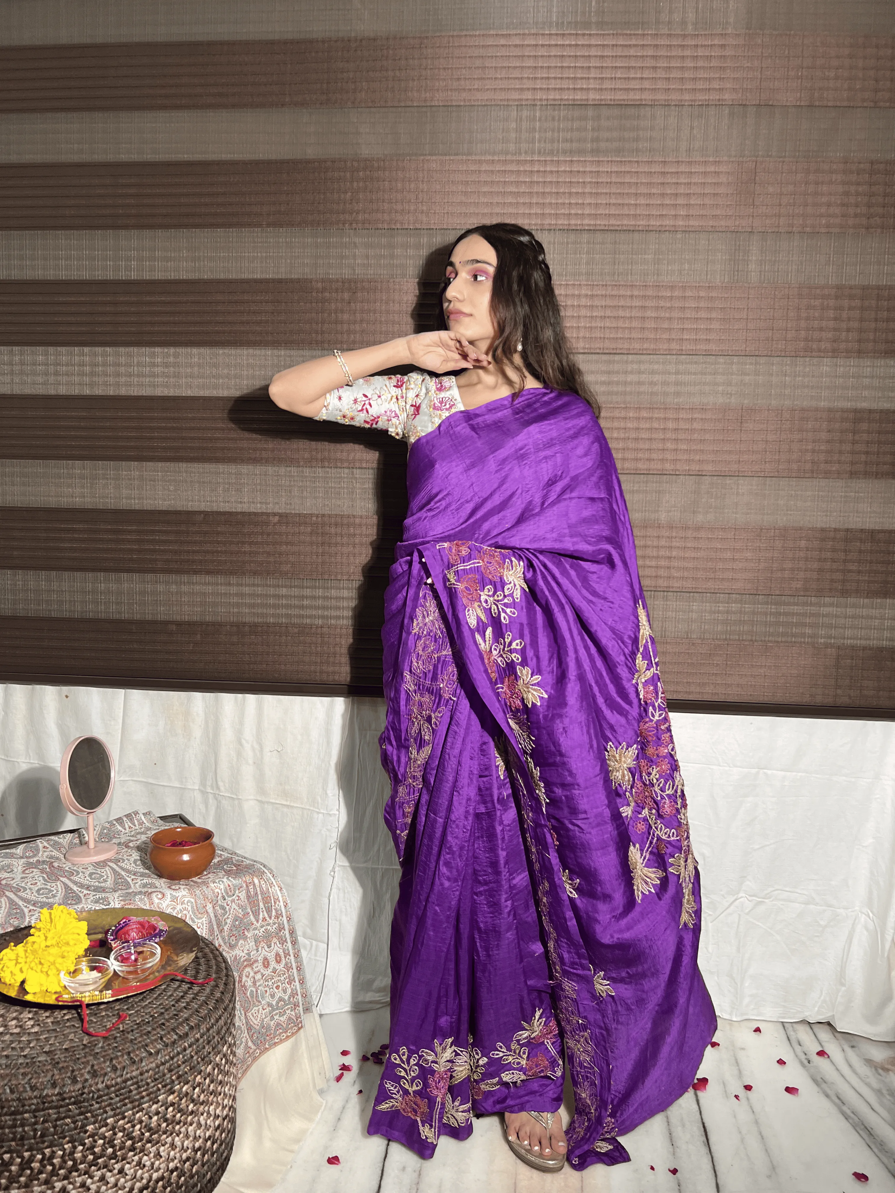Purple Aari Zardozi Work Women Saree