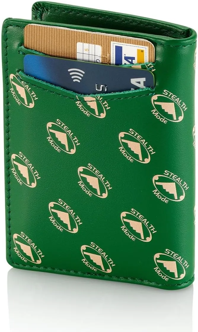 Stealth Mode Men's Slim Front Pocket Wallet - RFID Blocking, Thin Minimalist Design, Genuine Leather - ID Badge Window and 5 Sleeves for Money, Credit Cards, Driver License (Green/White)