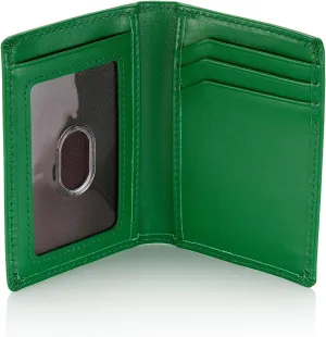 Stealth Mode Men's Slim Front Pocket Wallet - RFID Blocking, Thin Minimalist Design, Genuine Leather - ID Badge Window and 5 Sleeves for Money, Credit Cards, Driver License (Green/White)