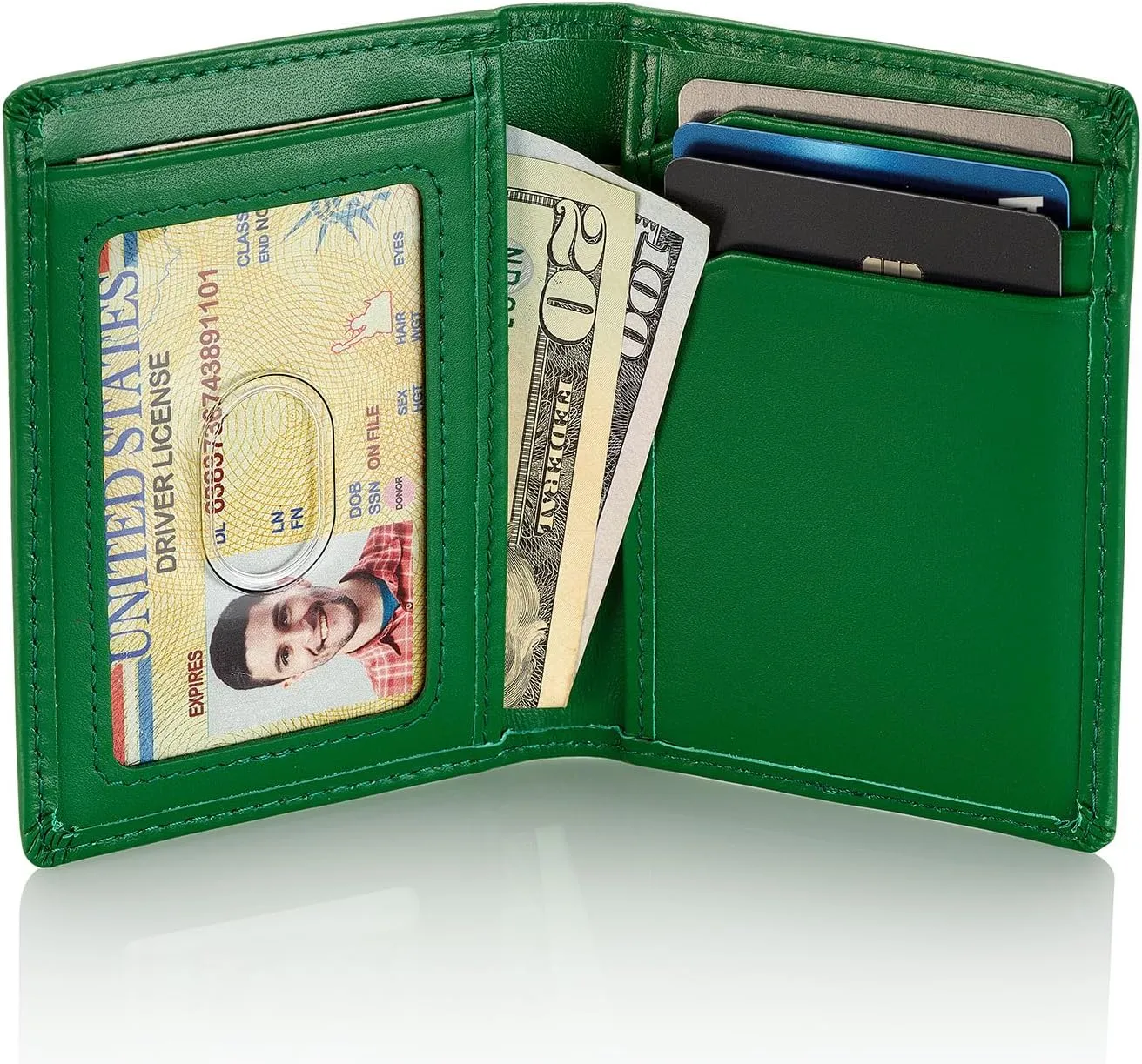 Stealth Mode Men's Slim Front Pocket Wallet - RFID Blocking, Thin Minimalist Design, Genuine Leather - ID Badge Window and 5 Sleeves for Money, Credit Cards, Driver License (Green/White)