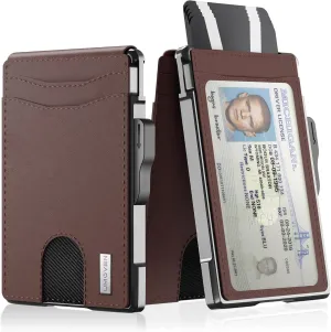 umoven Wallet for Men - Slim Leather RFID Blocking Bifold Minimalist Wallet with Metal Pop-Up Card Holder, Money Clip, Credit Card Slots - Men's Wallet, Coffee brown