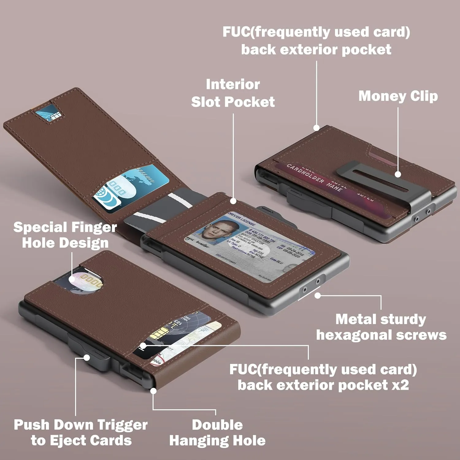 umoven Wallet for Men - Slim Leather RFID Blocking Bifold Minimalist Wallet with Metal Pop-Up Card Holder, Money Clip, Credit Card Slots - Men's Wallet, Coffee brown
