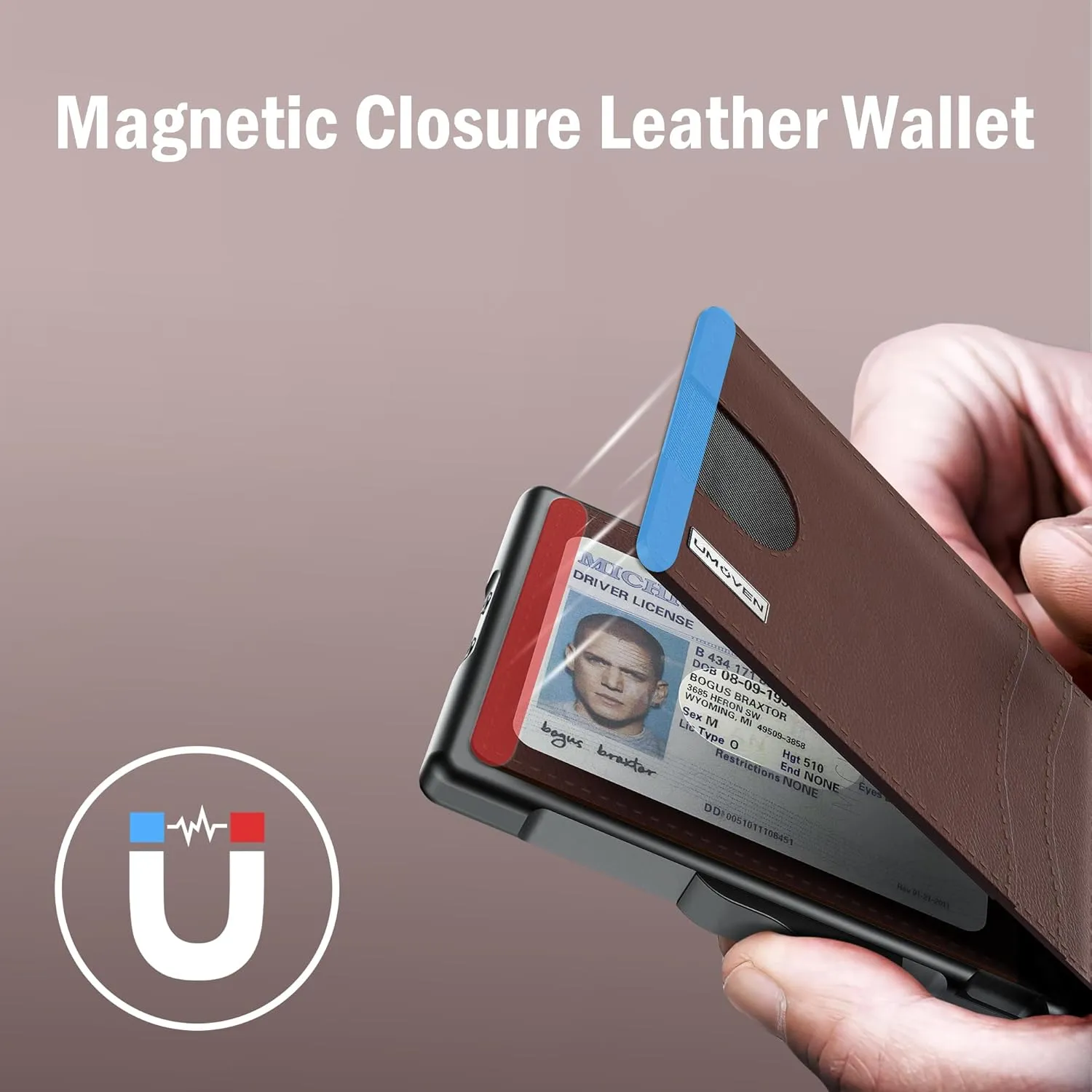 umoven Wallet for Men - Slim Leather RFID Blocking Bifold Minimalist Wallet with Metal Pop-Up Card Holder, Money Clip, Credit Card Slots - Men's Wallet, Coffee brown