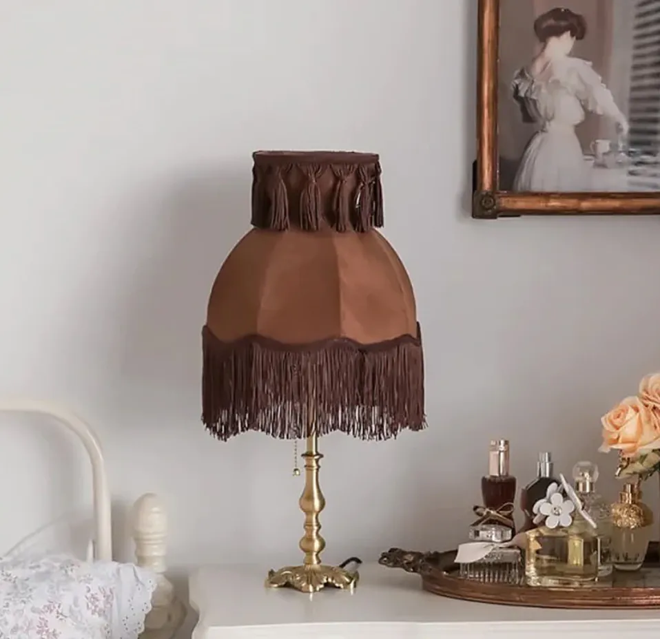 Victorian Coffee Brown Velvet French Romantic Maximalist Style Fringe Lampshade