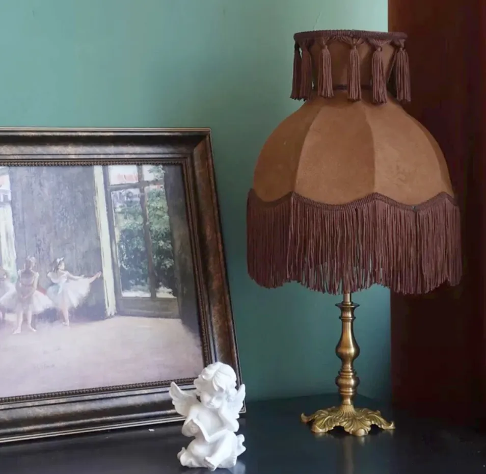 Victorian Coffee Brown Velvet French Romantic Maximalist Style Fringe Lampshade