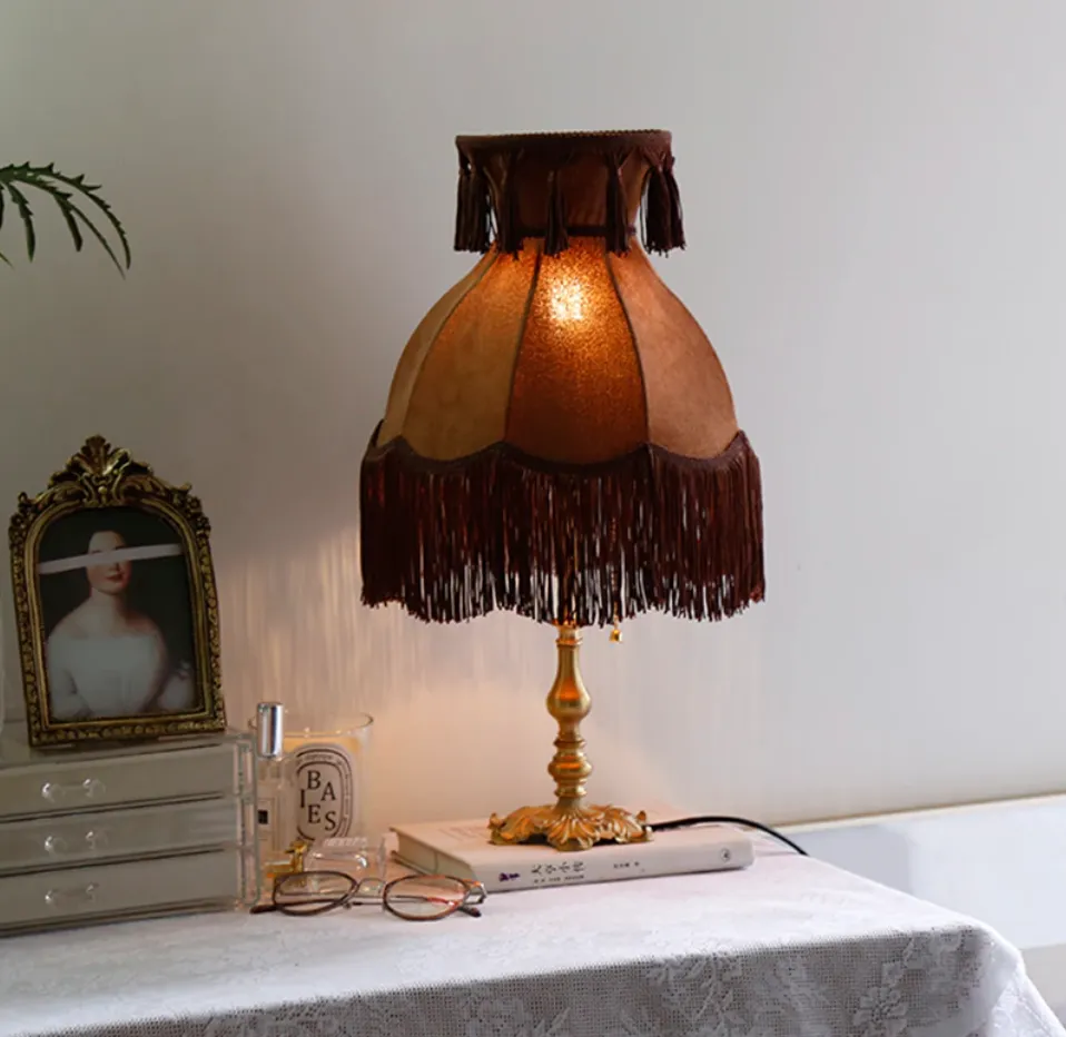 Victorian Coffee Brown Velvet French Romantic Maximalist Style Fringe Lampshade