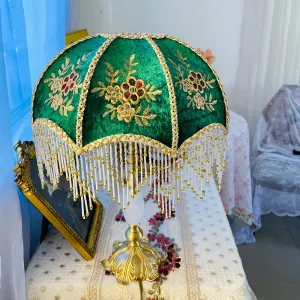 Vintage-Inspired Green Velvet Floral Lampshade with Golden Beaded Hanging Tassels