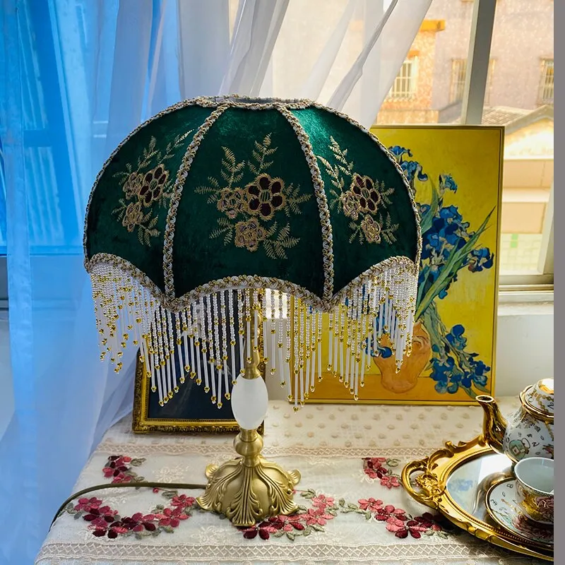 Vintage-Inspired Green Velvet Floral Lampshade with Golden Beaded Hanging Tassels