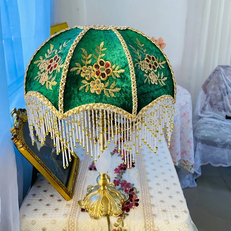 Vintage-Inspired Green Velvet Floral Lampshade with Golden Beaded Hanging Tassels
