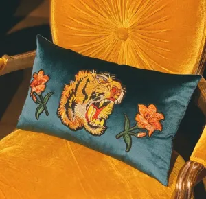 Vintage Retro Inspired Blue Velvet Embroidered Tiger Roar Pillow Cover
