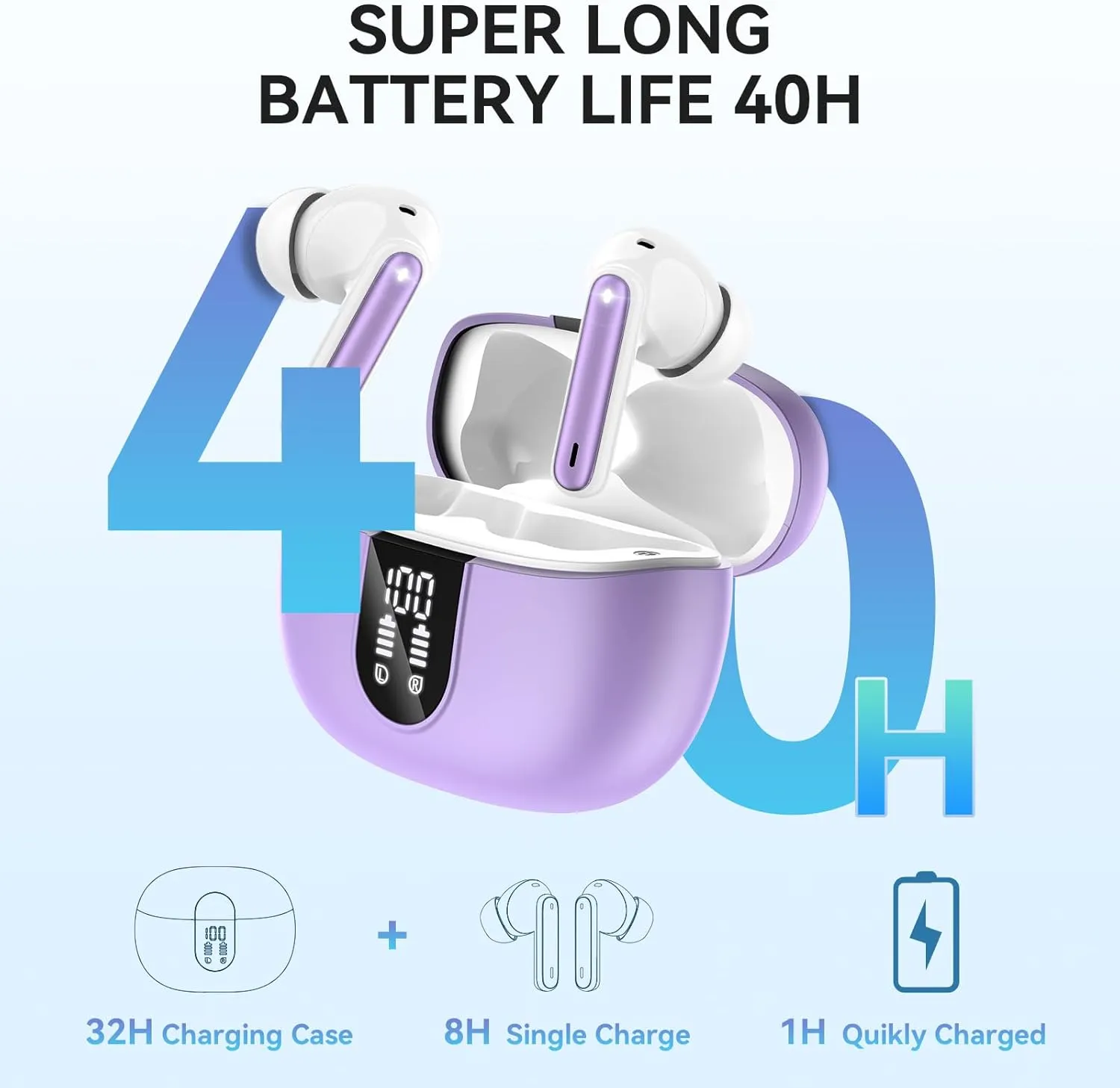 Wireless Earbuds, Bluetooth 5.3 Headphones 40Hrs Playtime Deep Bass Stereo, LED Power Display, Call Noise Canceling Headphones with Mic, IP7 Waterproof Earphones for iOS Android Purple