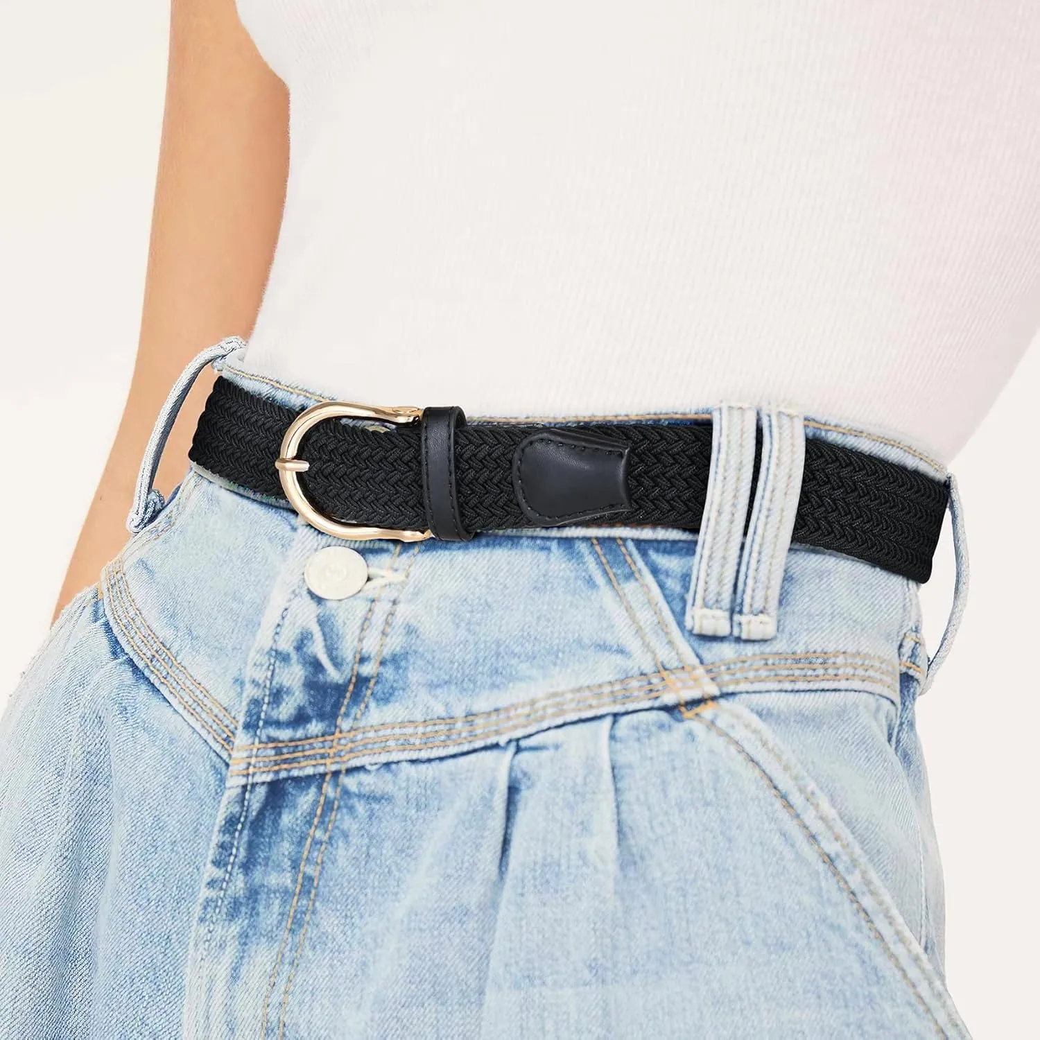 XZQTIVE Braided Belt for Women Men Stretch Woven Belt Plus Size Elastic Belt with Silver Gold Buckle for Jeans Pants