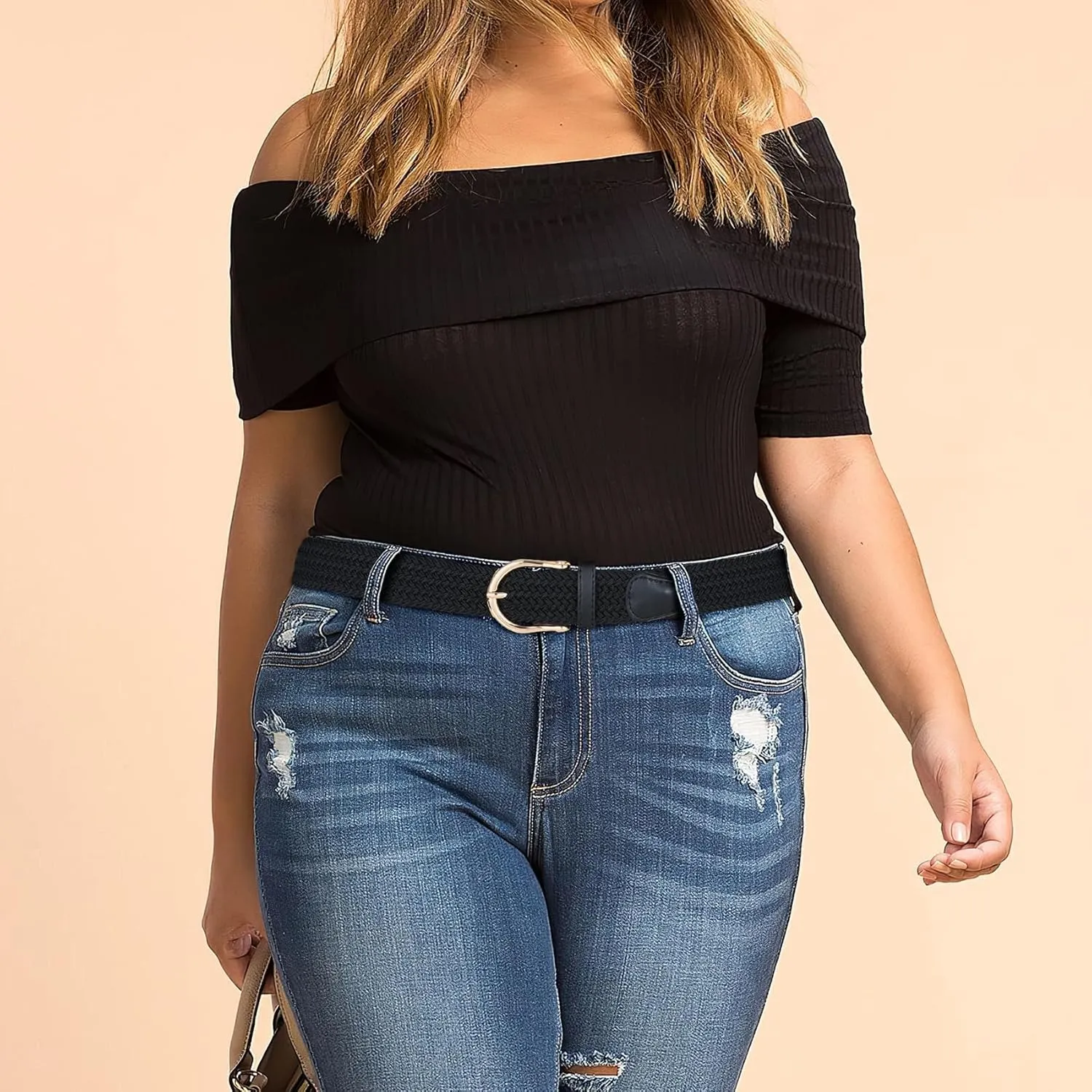 XZQTIVE Braided Belt for Women Men Stretch Woven Belt Plus Size Elastic Belt with Silver Gold Buckle for Jeans Pants
