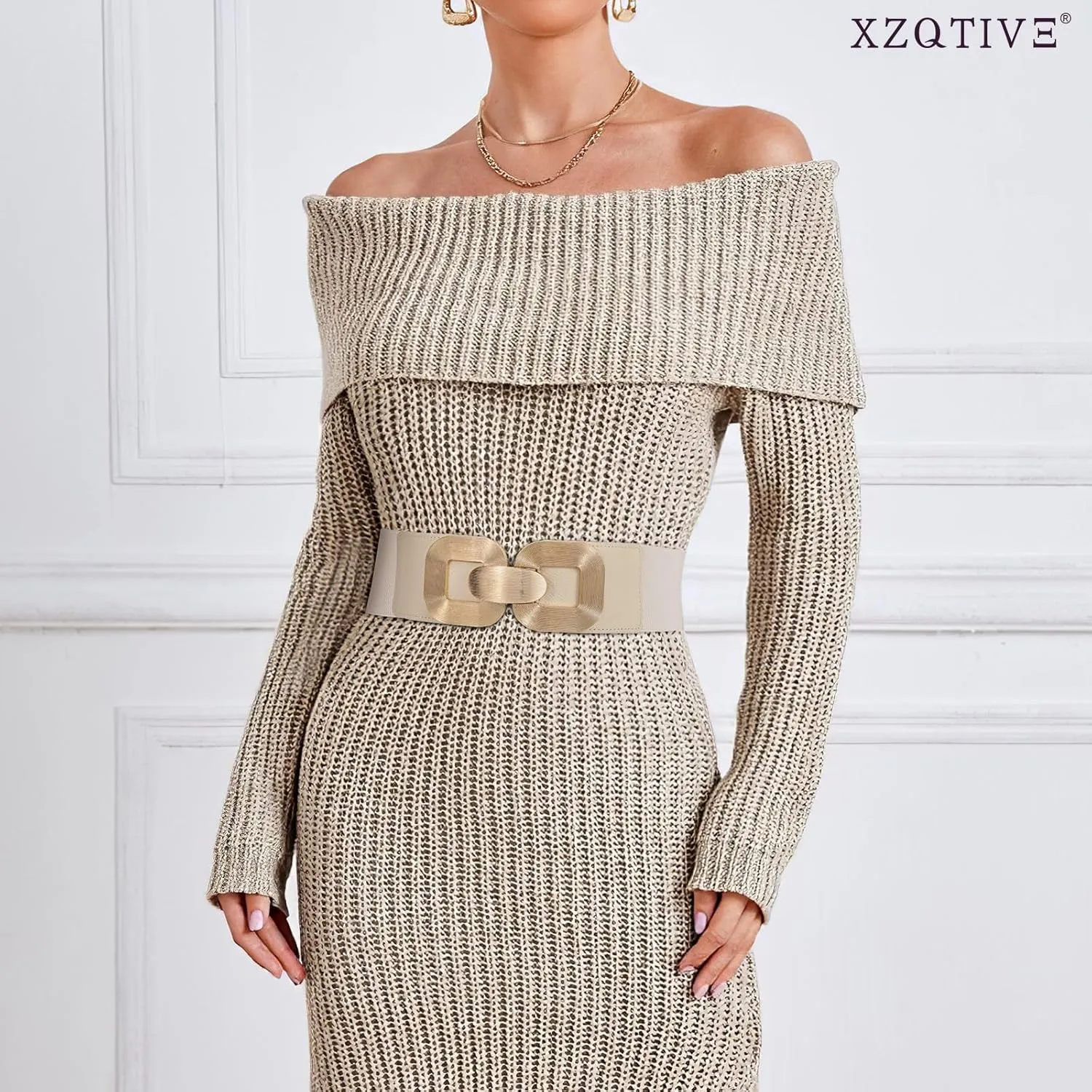 XZQTIVE Women Wide Elastic Belts for Dress Fashion Stretchy Waist Belts for Ladies with Gold Buckle