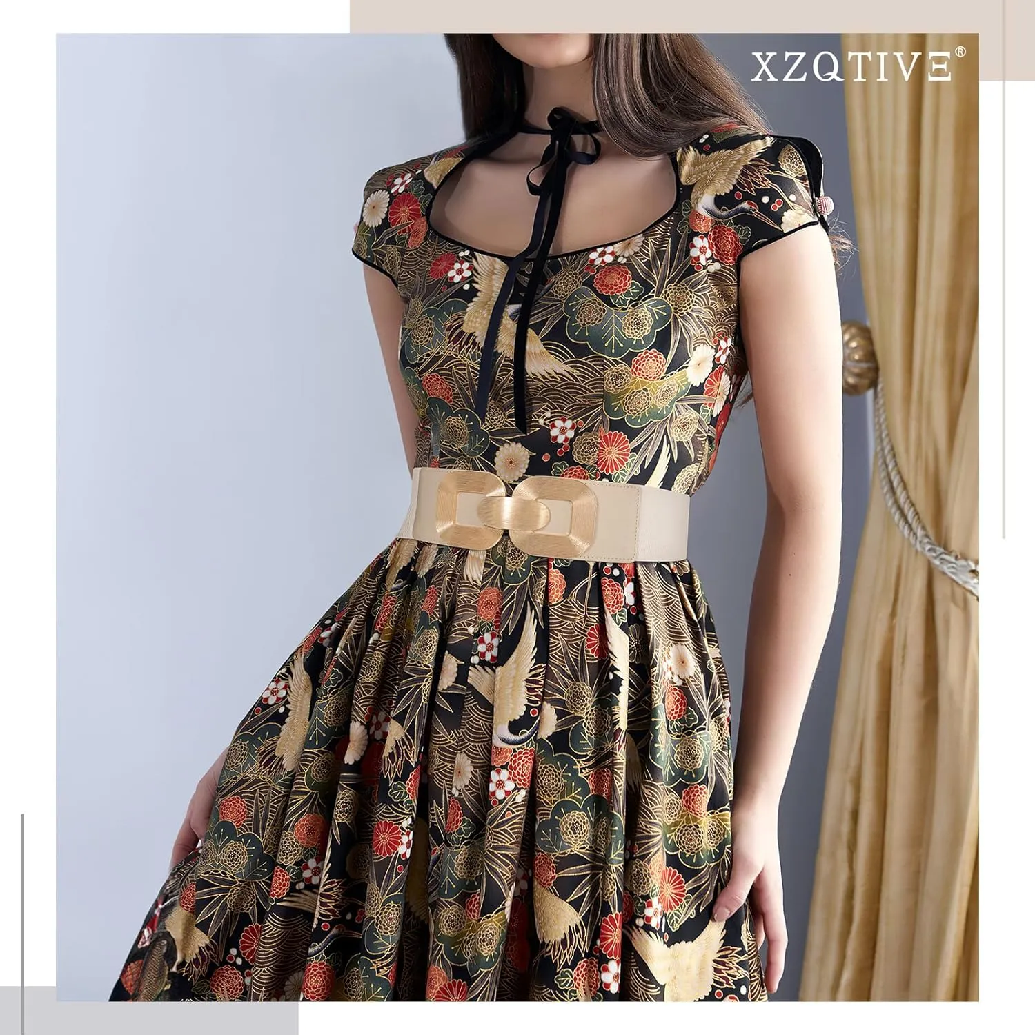 XZQTIVE Women Wide Elastic Belts for Dress Fashion Stretchy Waist Belts for Ladies with Gold Buckle