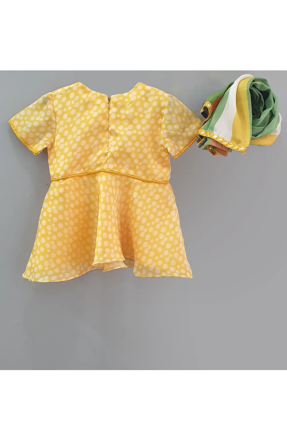 Yellow polka dot printed peplum style kurti and sharara with dupatta