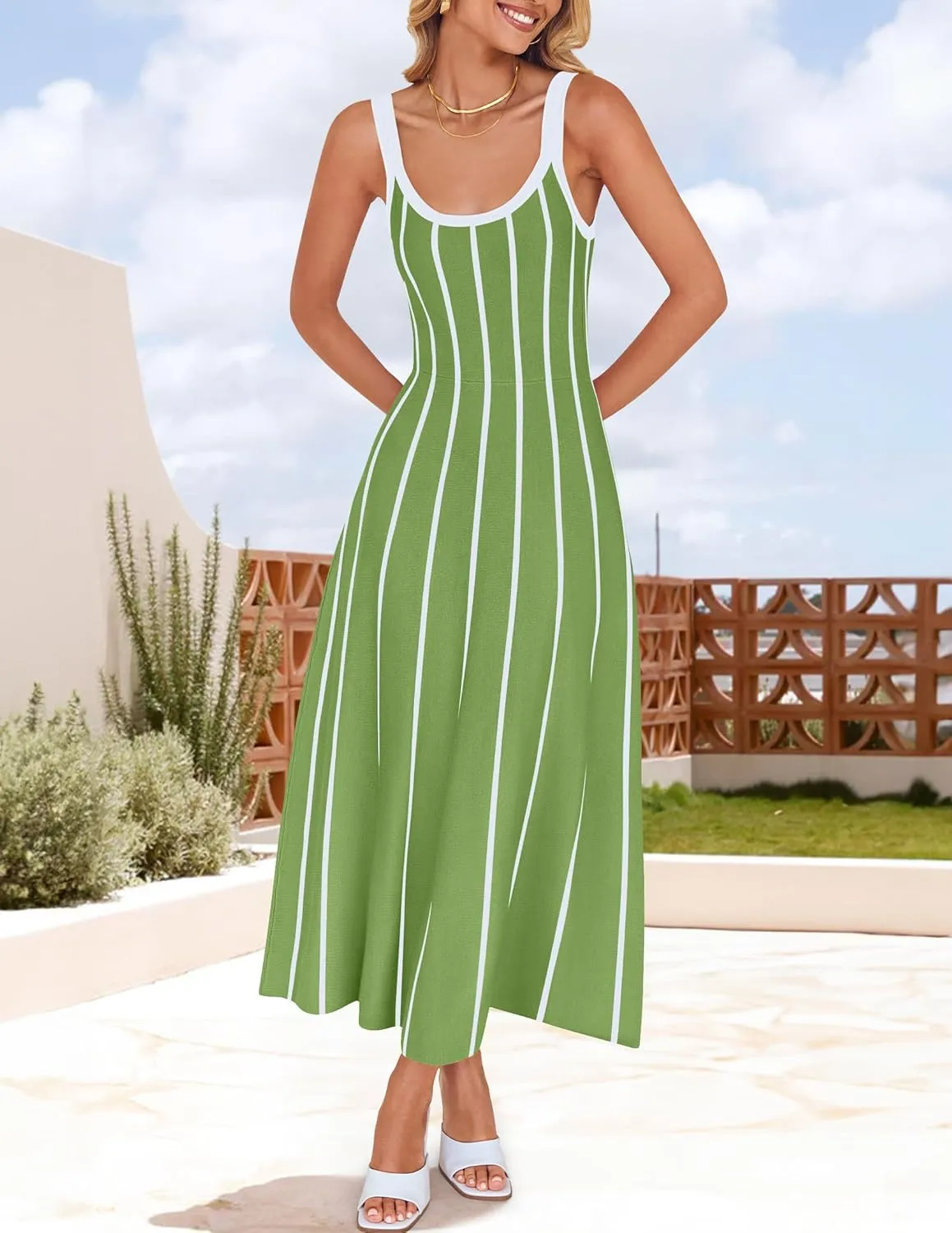 ZESICA Womens 2025 Summer Sleeveless Striped Midi Dresses Casual A Line Swing Knit Long Dress Beach Vacation Clothes